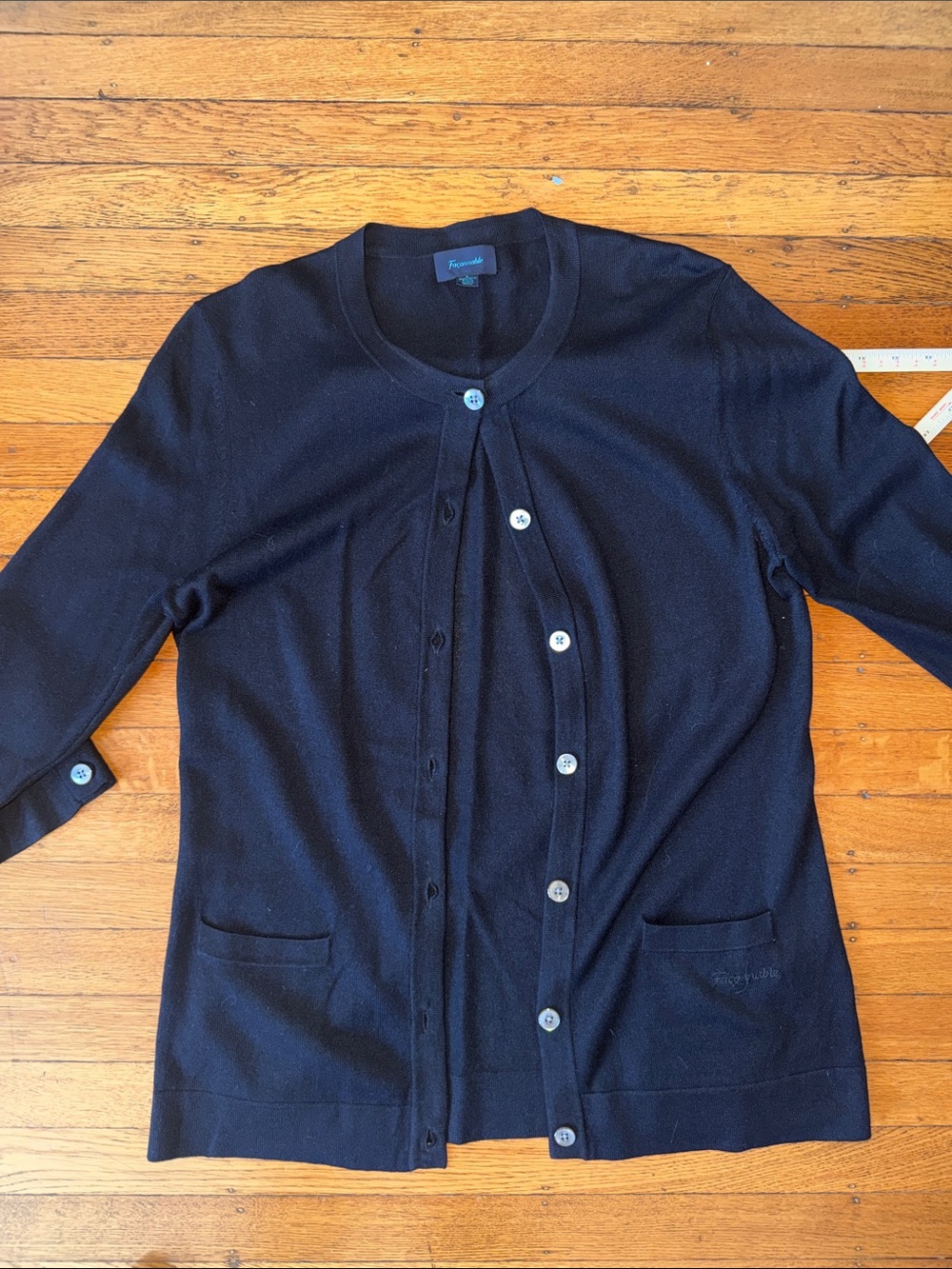 Faconnable Black Button Crop Sleeve Cardigan with Pocket Details Silk Cashmere